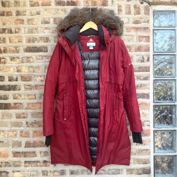 Columbia Apres Arson Omni-Heat Long Down Winter Coat Jacket Parka Red Womens XL - Picture 1 of 16